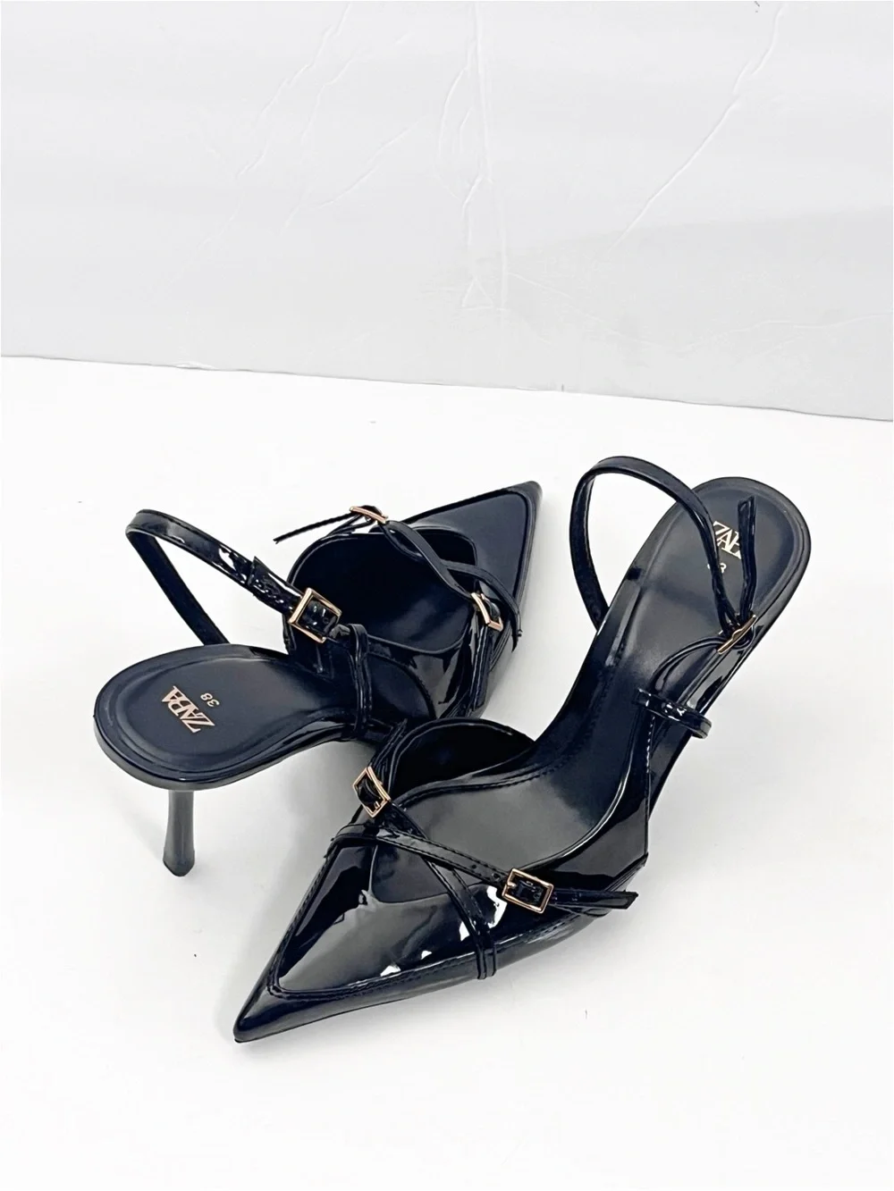 ZARA Black Patent Leather Strappy Pointy Toe Slingback Heels Size 38 Classic
